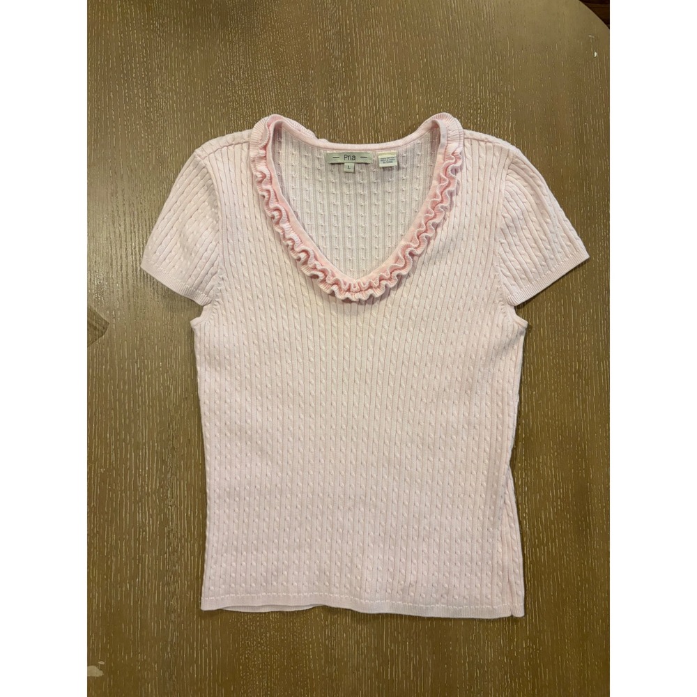 Pria Womans V-Neck Top Cable Knit Sweater Short Sleeve Light Pink Ribbed Large